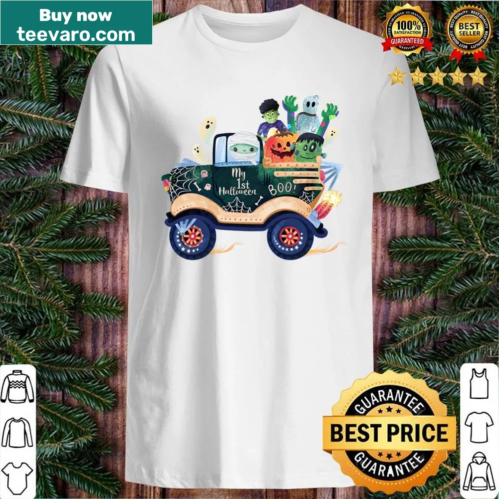 Cartoon monster truck design for a child's first Halloween shirt