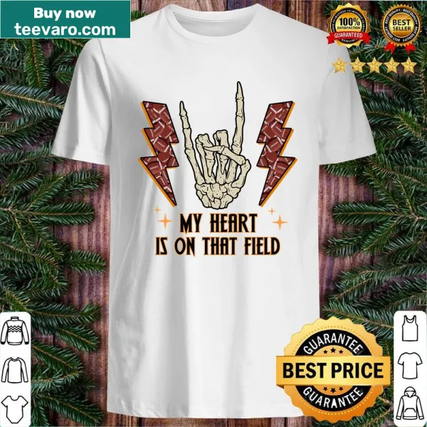 Retro skeleton hand peace sign graphic on sports-themed shirt