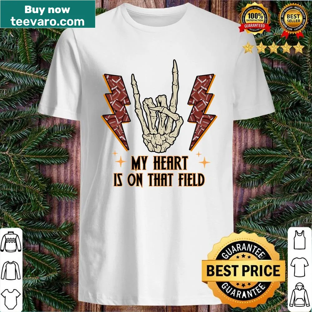 Retro skeleton hand peace sign graphic on sports-themed shirt