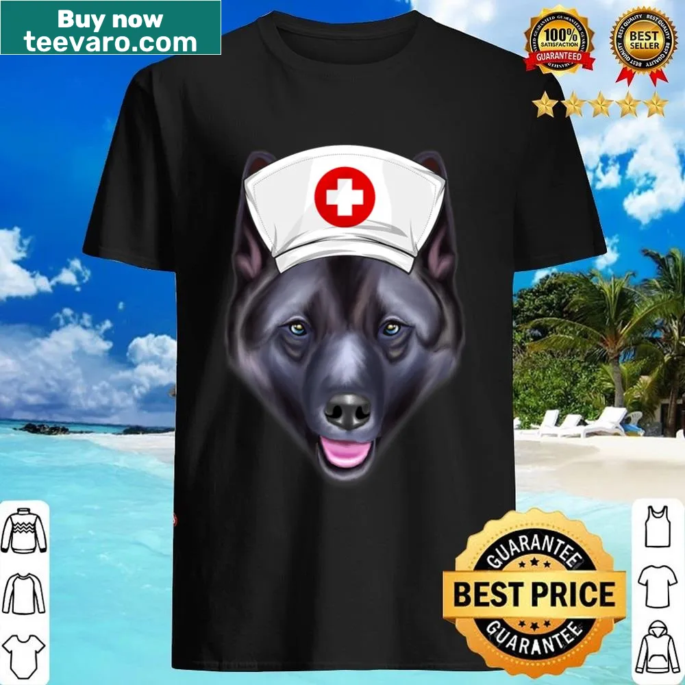 Shirt featuring a Norwegian Elkhound in a nurse hat