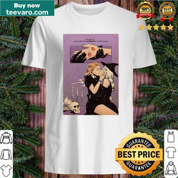 T-shirt featuring a palmistry graphic with detailed hand design.