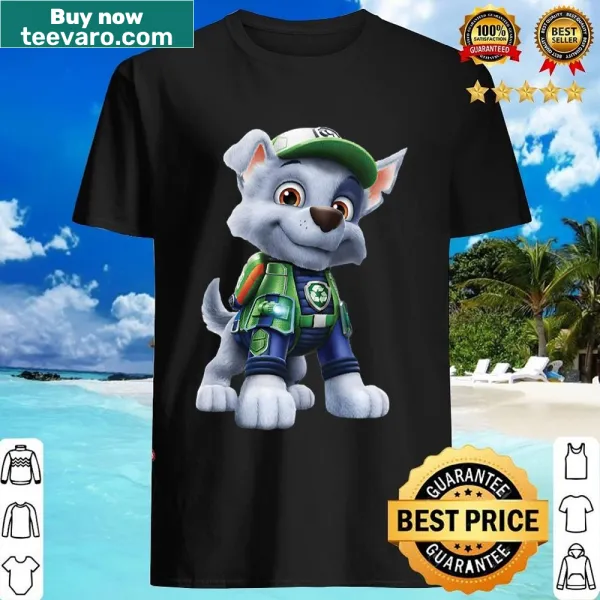 Paw Patrol Rocky shirt featuring the eco-friendly pup in action