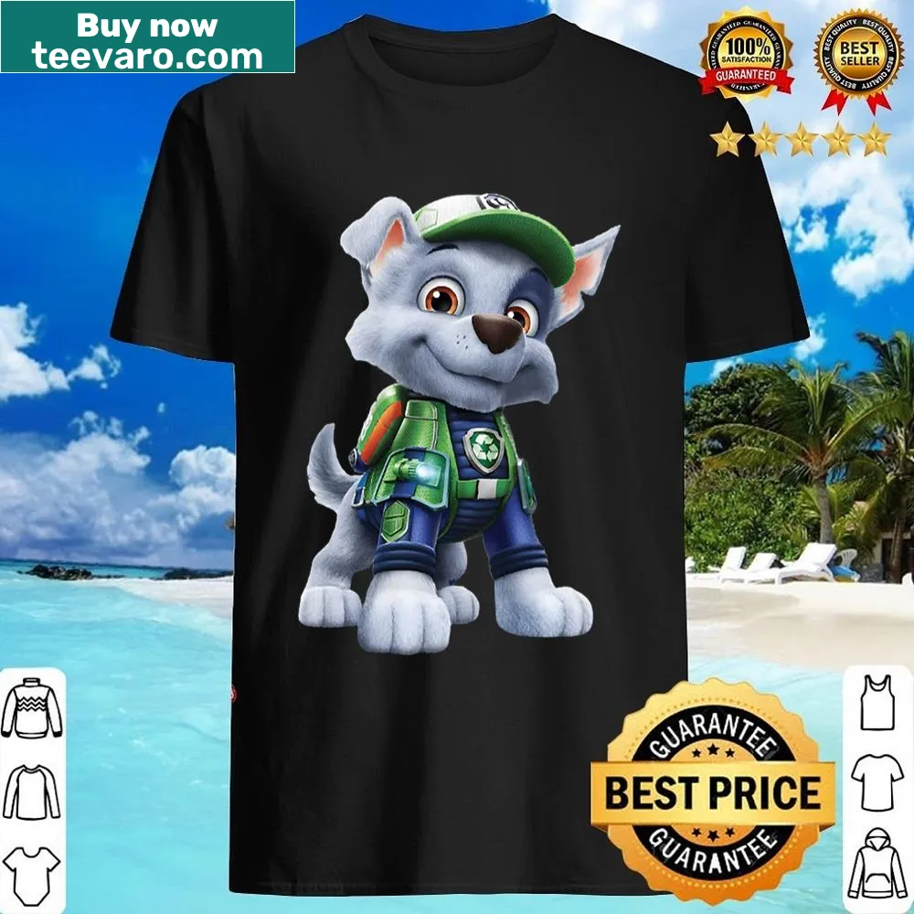 Paw Patrol Rocky shirt featuring the eco-friendly pup in action