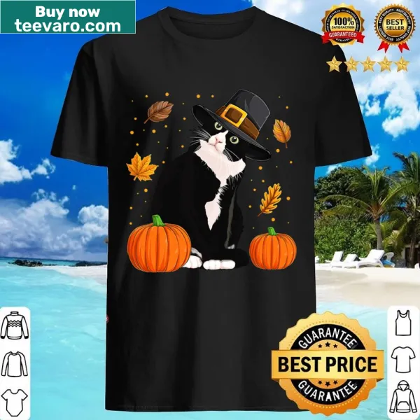 Cute Thanksgiving shirt featuring cats as pilgrims and a turkey for cat lovers