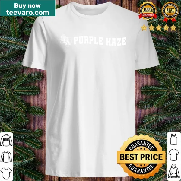 Minimalist Purple Haze shirt with bold typography on white