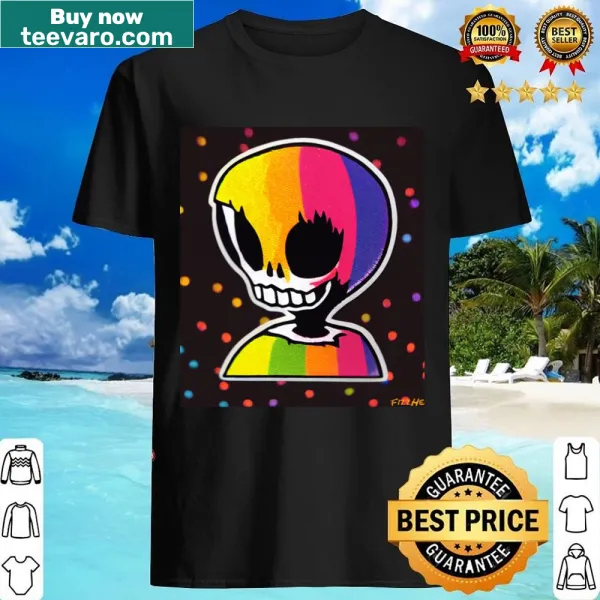 T-shirt featuring a playful rainbow skeleton design