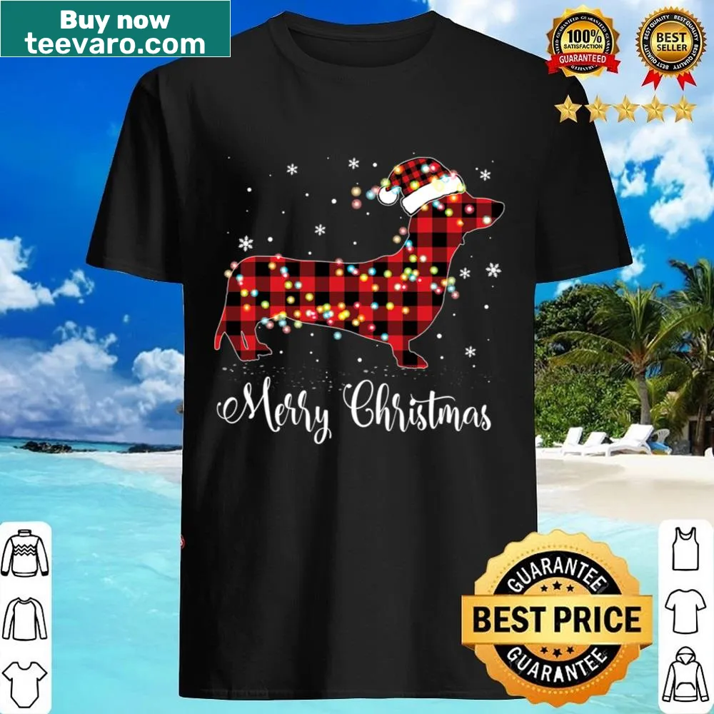 Illustrated dachshund in red plaid with Christmas themes on shirt
