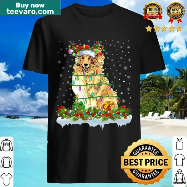 Rough collie in Santa hat with reindeer and lights on shirt