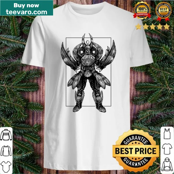 Intricate graphic of scallops resembling armor on a shirt