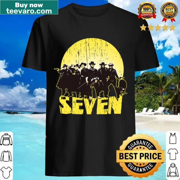 Illustration of seven cowboys in various poses on a shirt