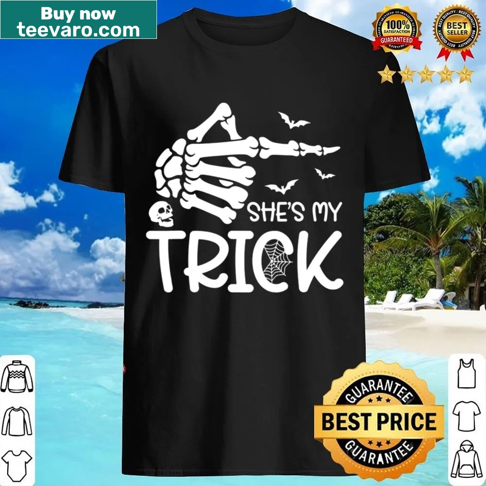 Couples Halloween shirt with skeleton hand designs and playful text