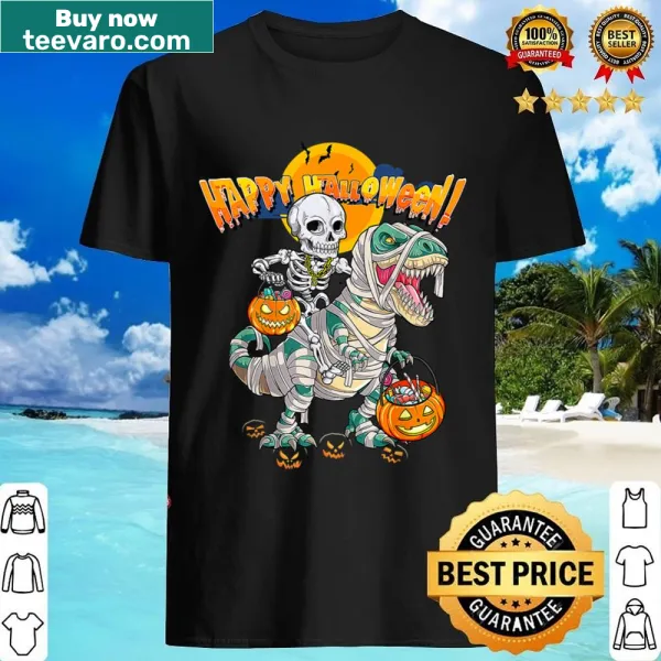 Funny Halloween shirt with skeleton riding a T-Rex and pumpkins