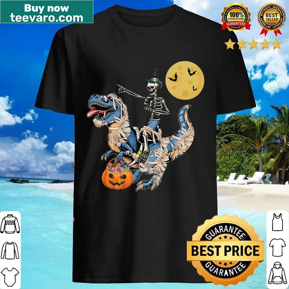 Shirt with a cartoon skeleton riding a mummy dinosaur for kids