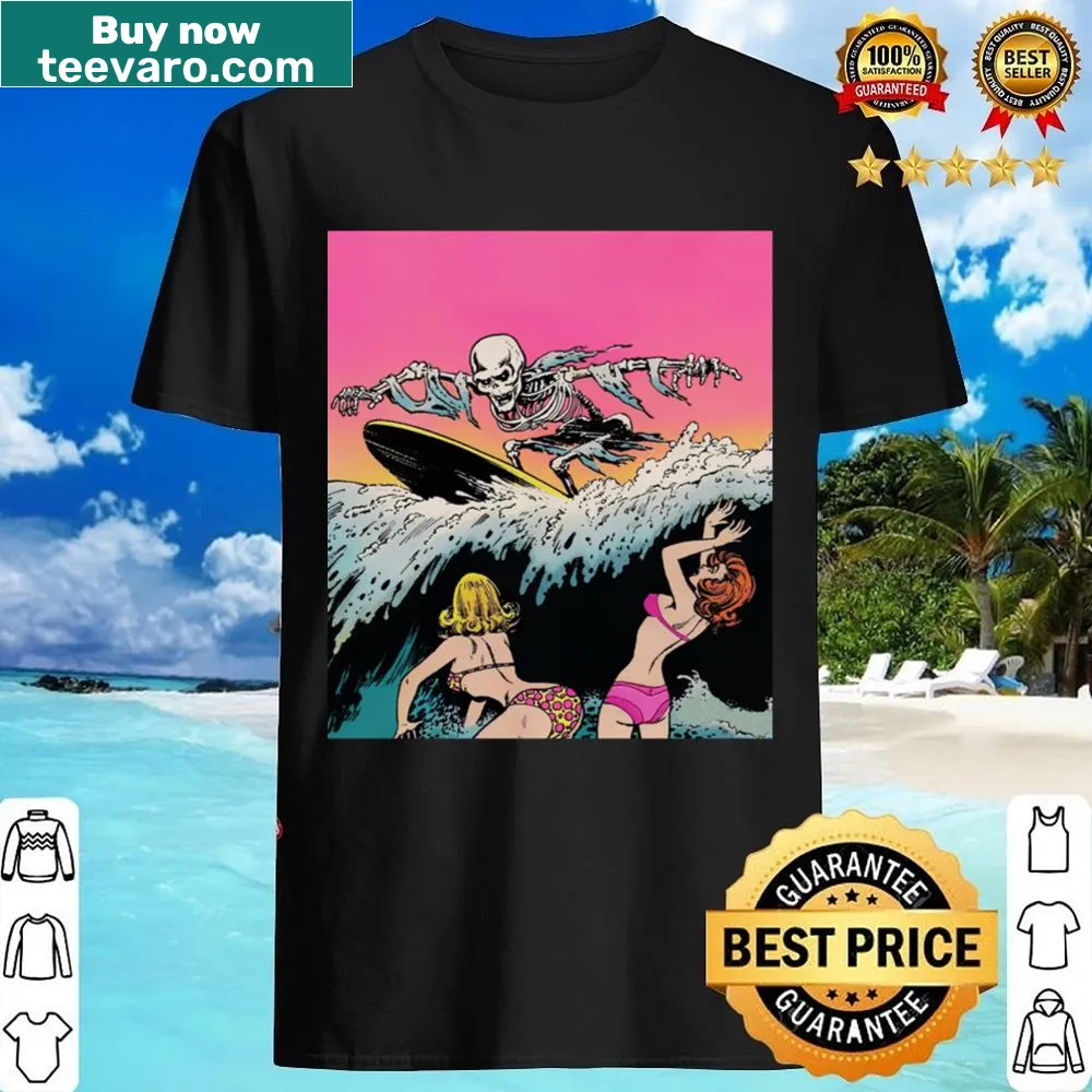 Vintage skeleton surfing design in pop art style for Halloween shirt