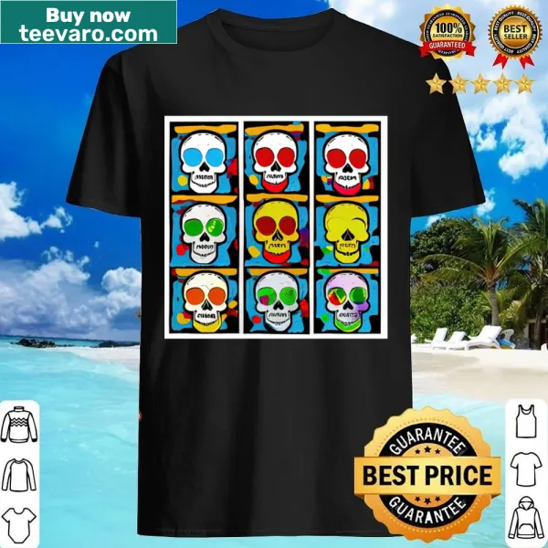 A collage of various skull graphics on a stylish shirt.