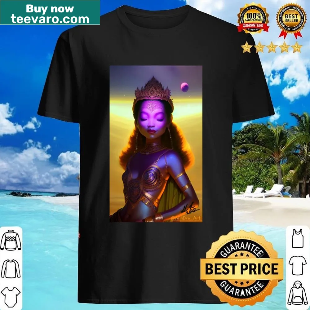 Illustrative Apsara design on a pullover shirt, inspired by space