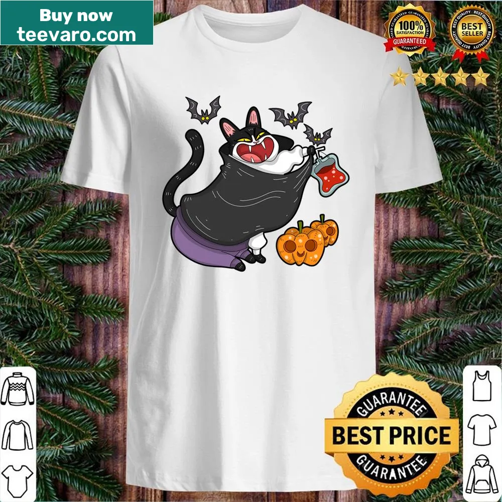 Cartoon vampire cat shirt for Halloween with humorous design