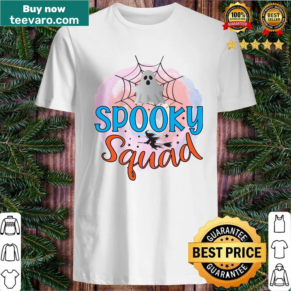 Cartoon design of spooky characters on festive shirt.