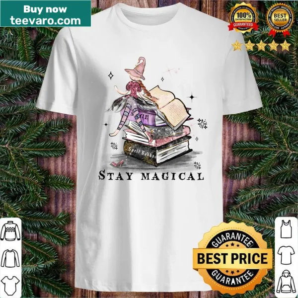 Cute little witch graphic with spell books on kids' shirt