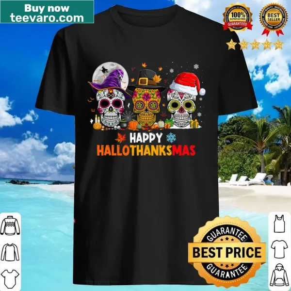 Vintage-style sugar skull shirt blending holiday themes.