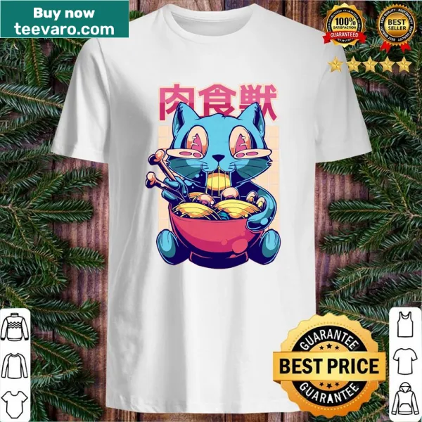 Cute shirt with a happy cat enjoying a bowl of ramen