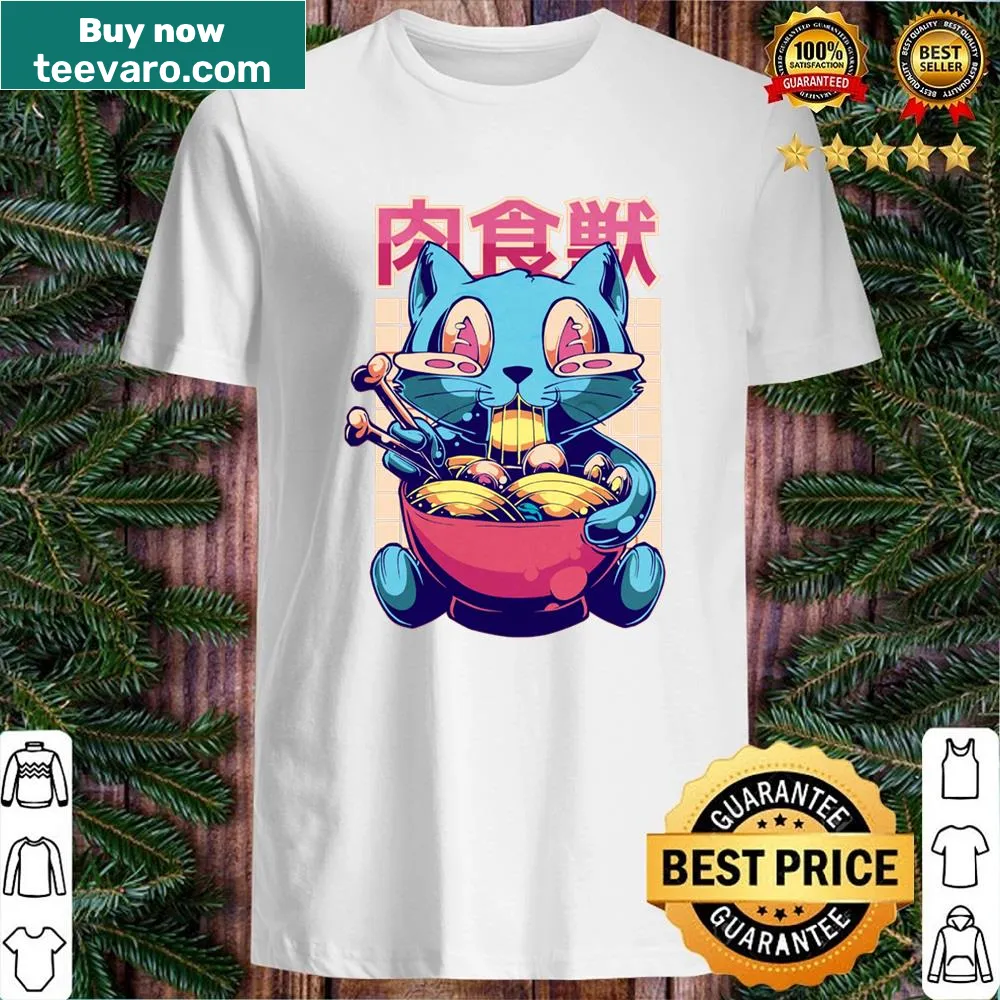 Cute shirt with a happy cat enjoying a bowl of ramen