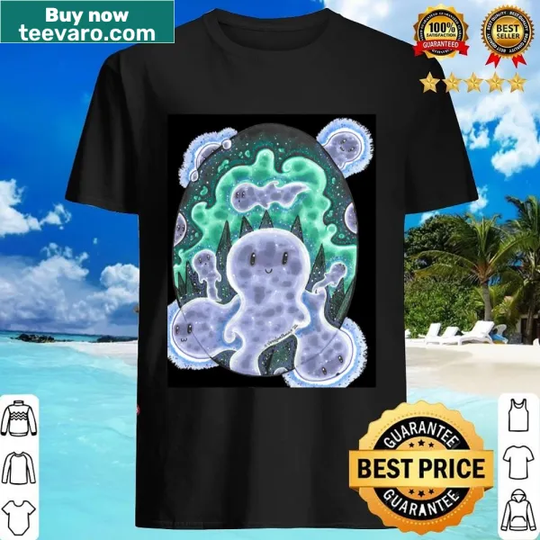 Cartoon ghosts on a shirt with humorous expressions for Halloween.