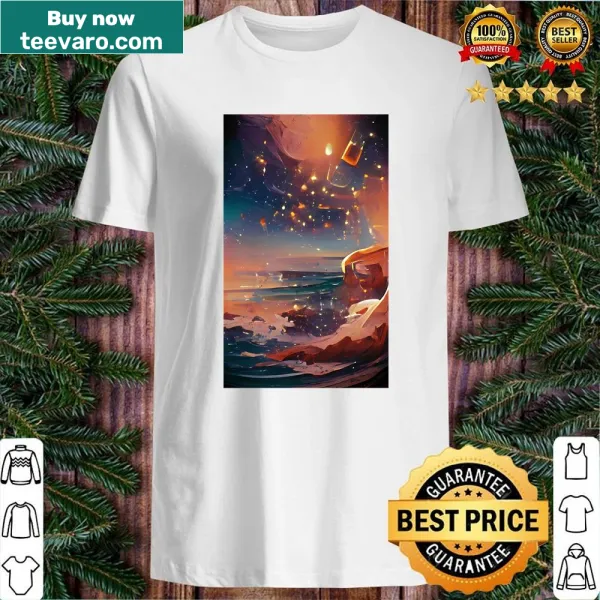 Vintage ocean wave shirt with teal and star design.