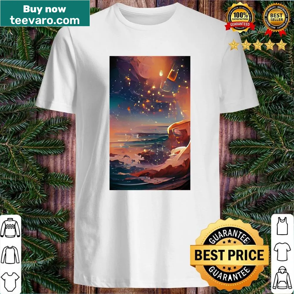 Vintage ocean wave shirt with teal and star design.