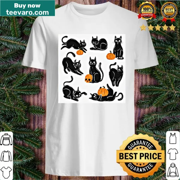 Whimsical Halloween shirt with black cat and pumpkin illustration