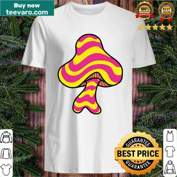 Trippy mushroom design with wavy lines on a shirt