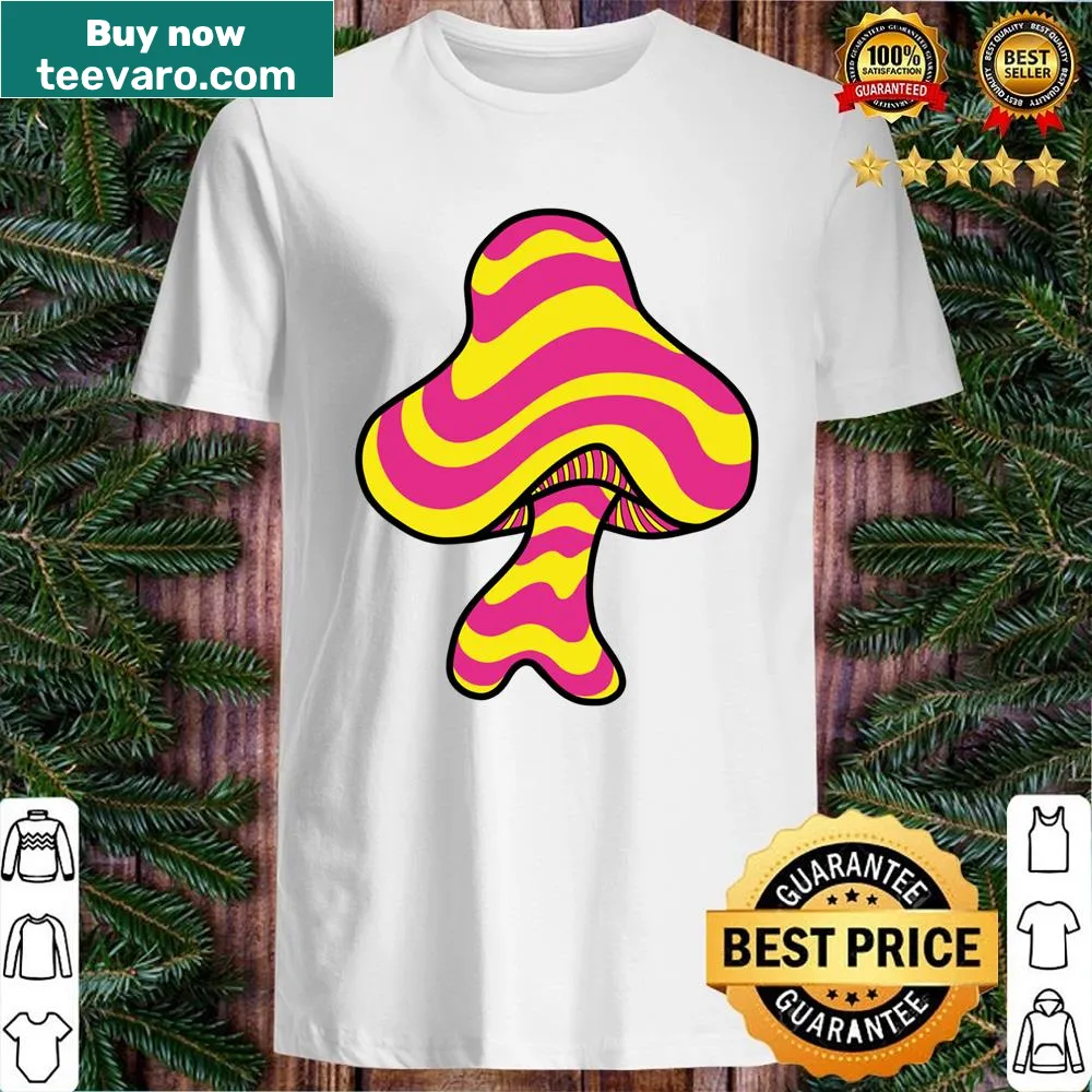 Trippy mushroom design with wavy lines on a shirt