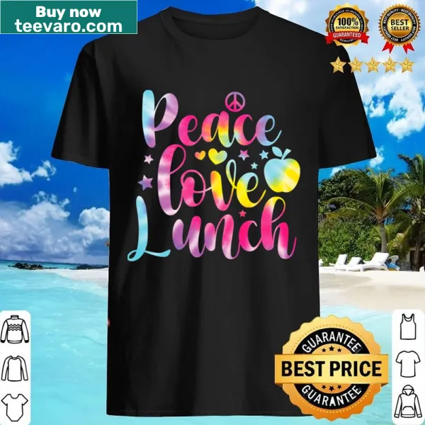 Whimsical typography shirt featuring 'Peace Love Lunch' phrases in tie-dye design