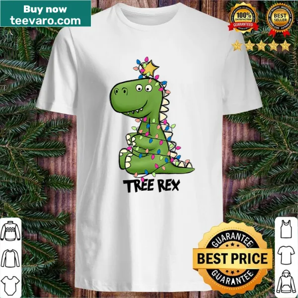 Christmas shirt featuring a dinosaur dressed as a tree.