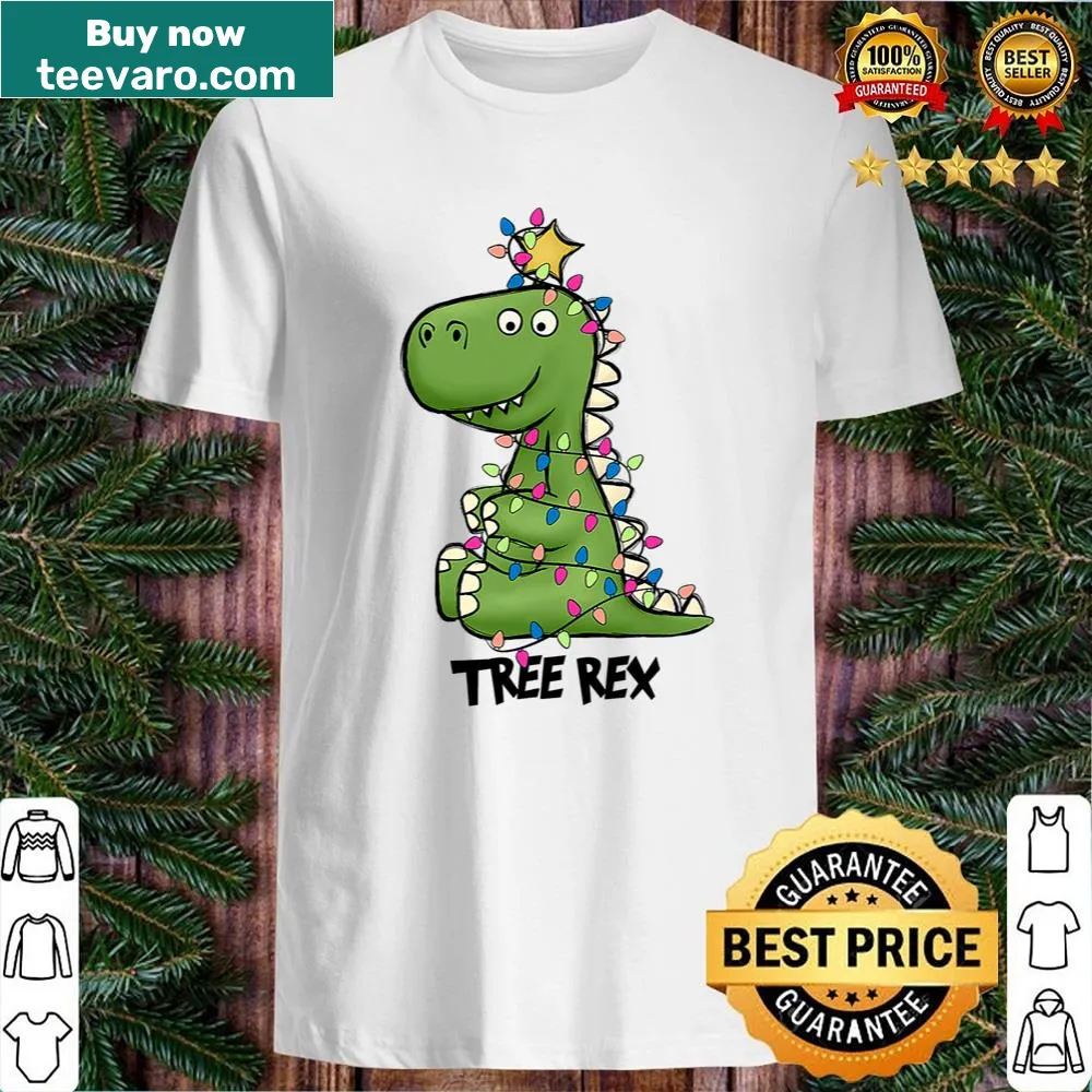 Tree Rex dinosaur shirt with Christmas lights design for kids