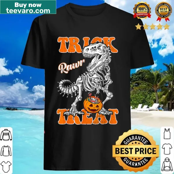 Cartoon T-Rex skeleton and pumpkin Halloween kids shirt