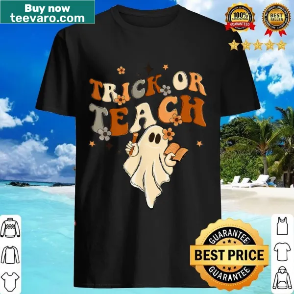 Retro Halloween shirt with a groovy pumpkin graphic and playful text.