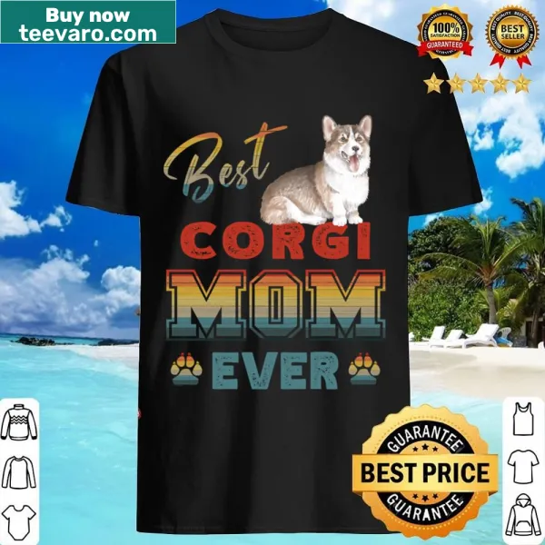 Vintage-style t-shirt with sunset and corgi mom text graphic