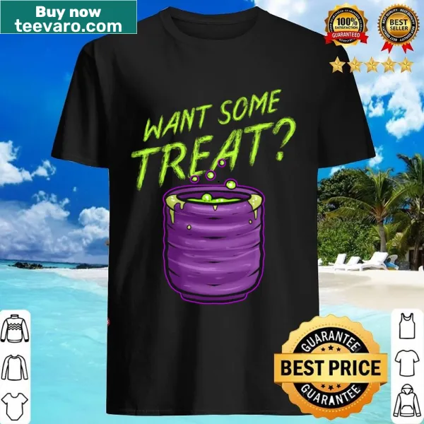 Cartoon witch with a pot of green slime tea for Halloween shirt