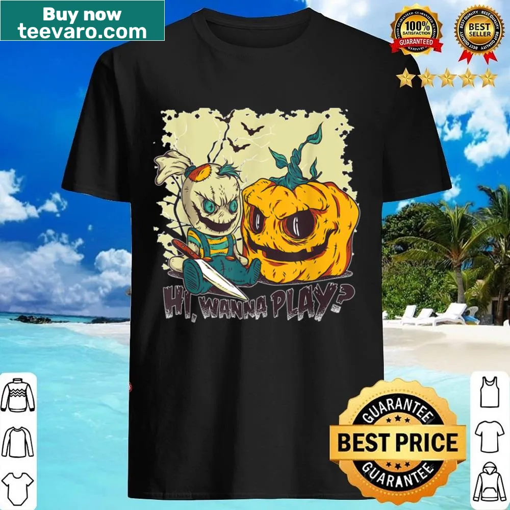 Horror-themed shirt featuring a scary pumpkin and an evil doll.