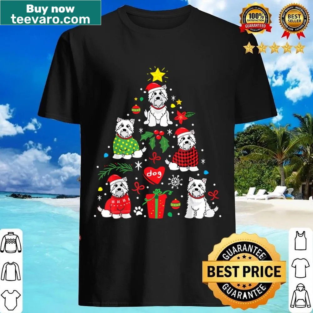 Illustration of a Westie dog with a Christmas tree on a shirt