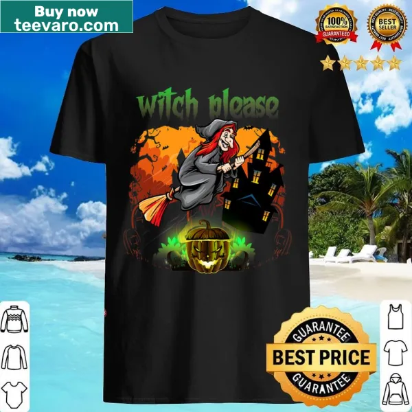 Whimsical witch flying on broom with text saying Witch Please