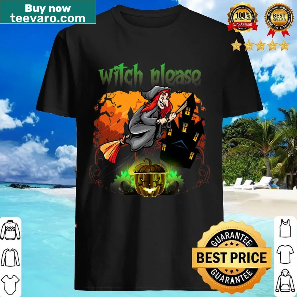 Whimsical witch flying on broom with text saying Witch Please