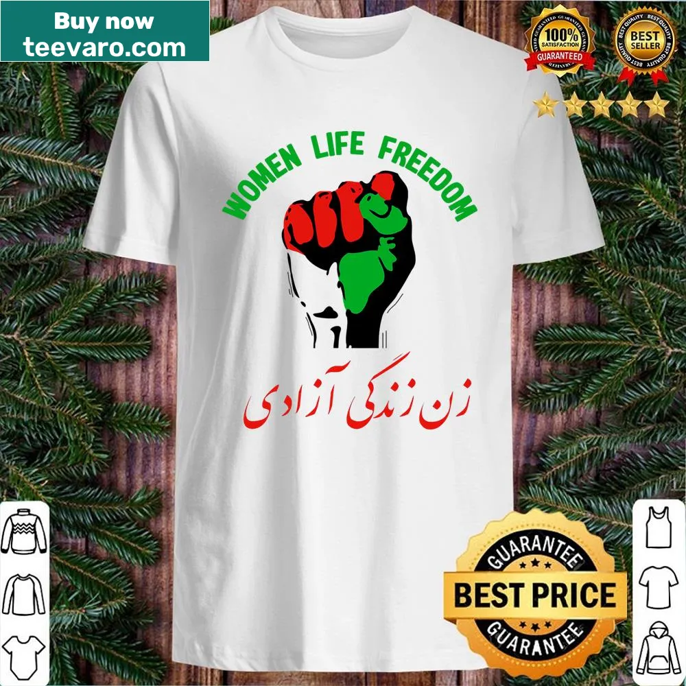 Farsi text design advocating for women life freedom on a shirt