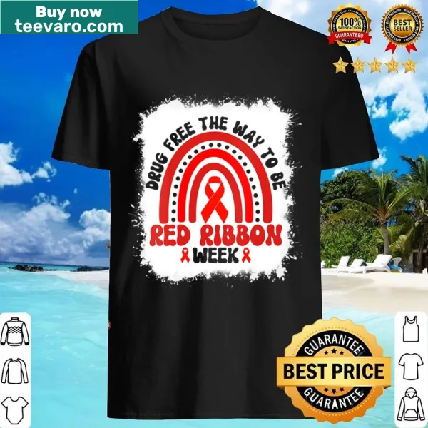 V-neck shirt with the phrase Drug Free The Way To Be and rainbow design