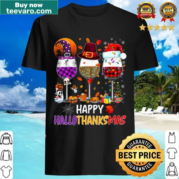 Festive holiday shirt with wine glasses, witch, and pumpkins