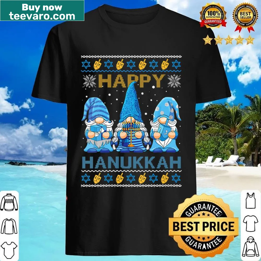Playful Vneck shirt featuring gnomes and Hanukkah symbols