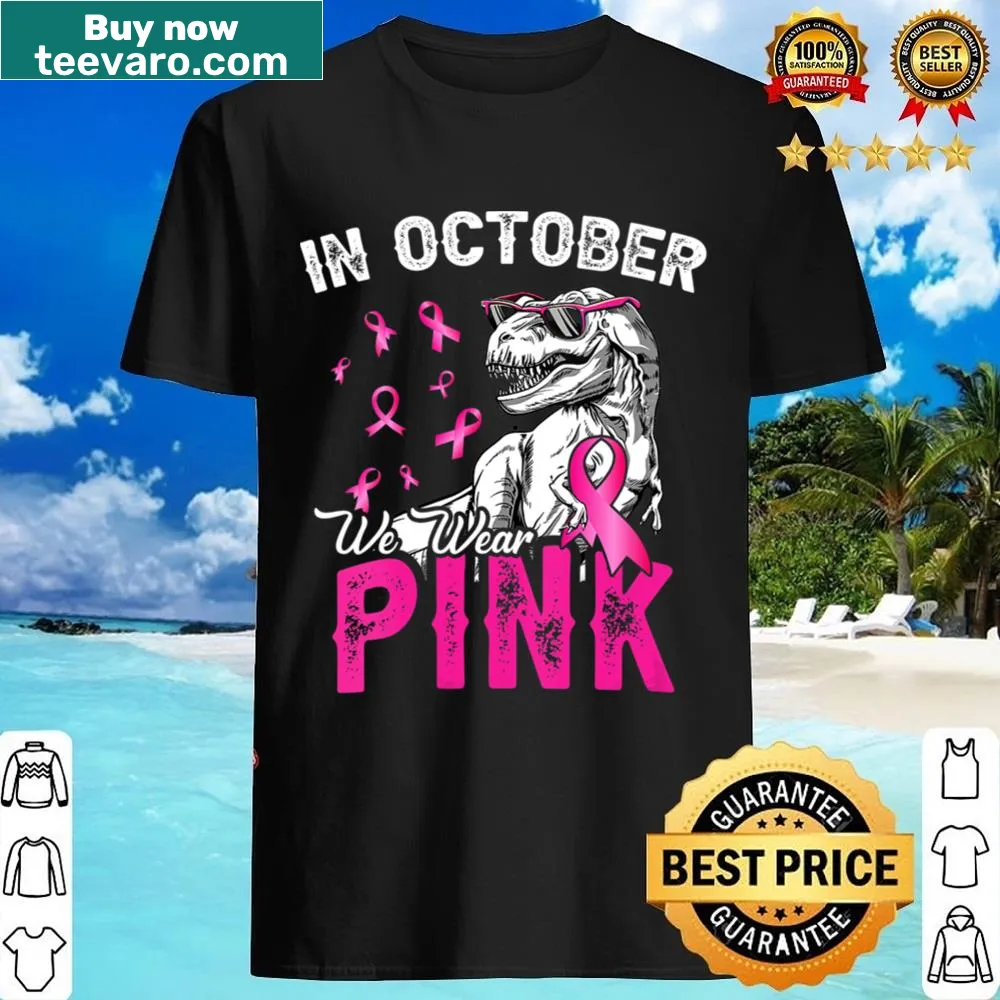 Toddler V-neck shirt with pink ribbon wearing dinosaur illustration