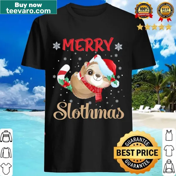 V-neck shirt featuring sloths celebrating Christmas
