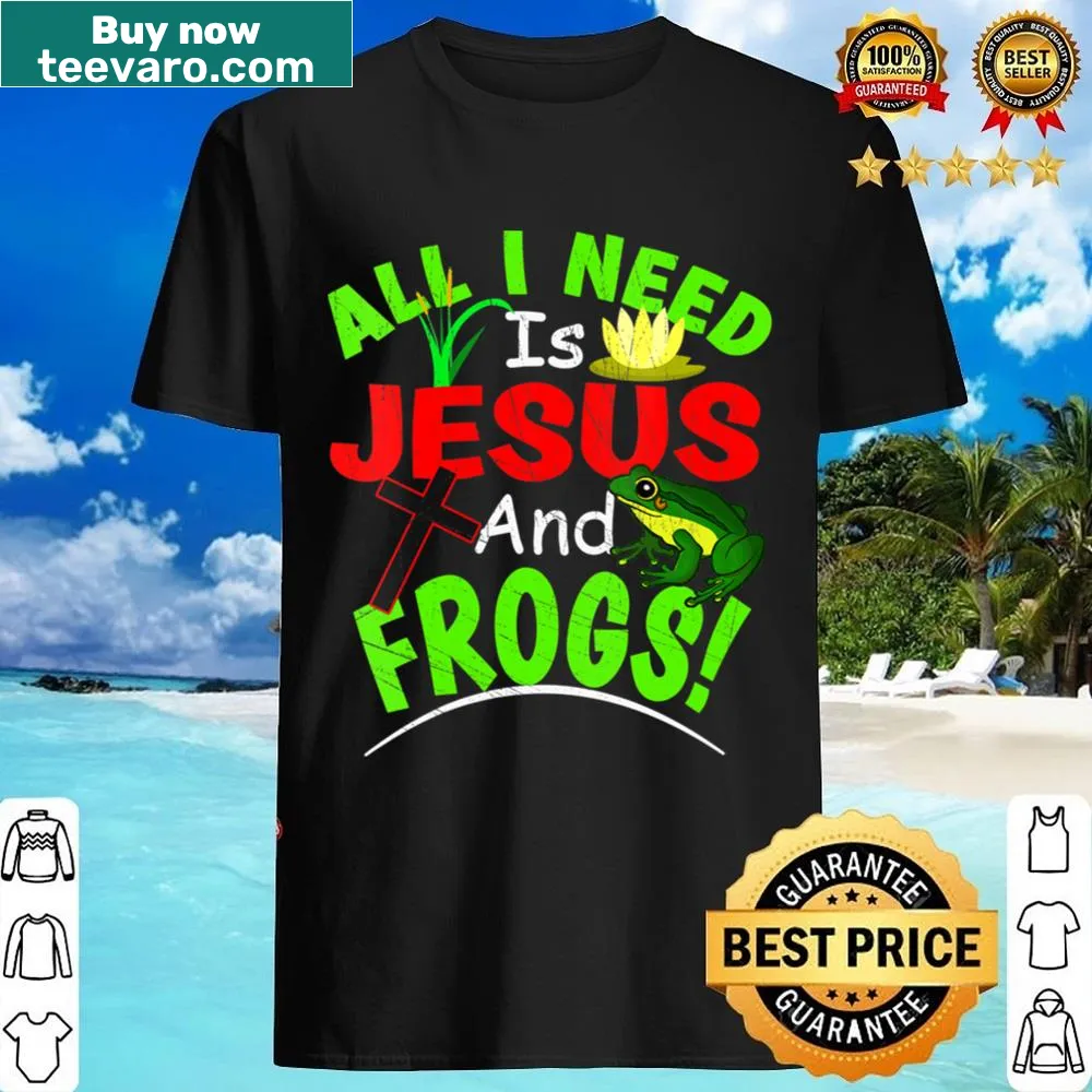 V-neck shirt featuring playful frogs and a religious message